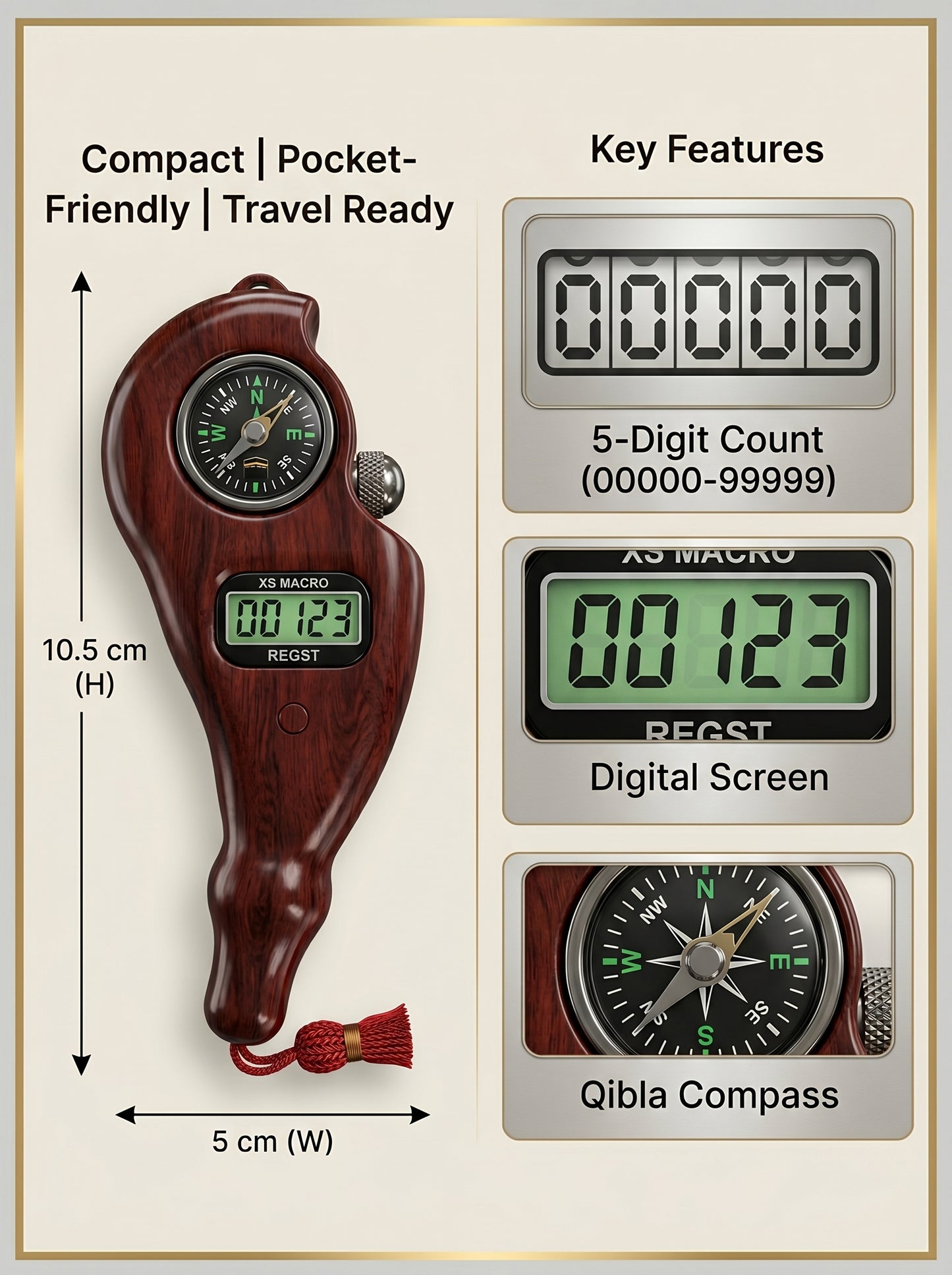 Digital Tasbih Counter – Wooden Body with Compass